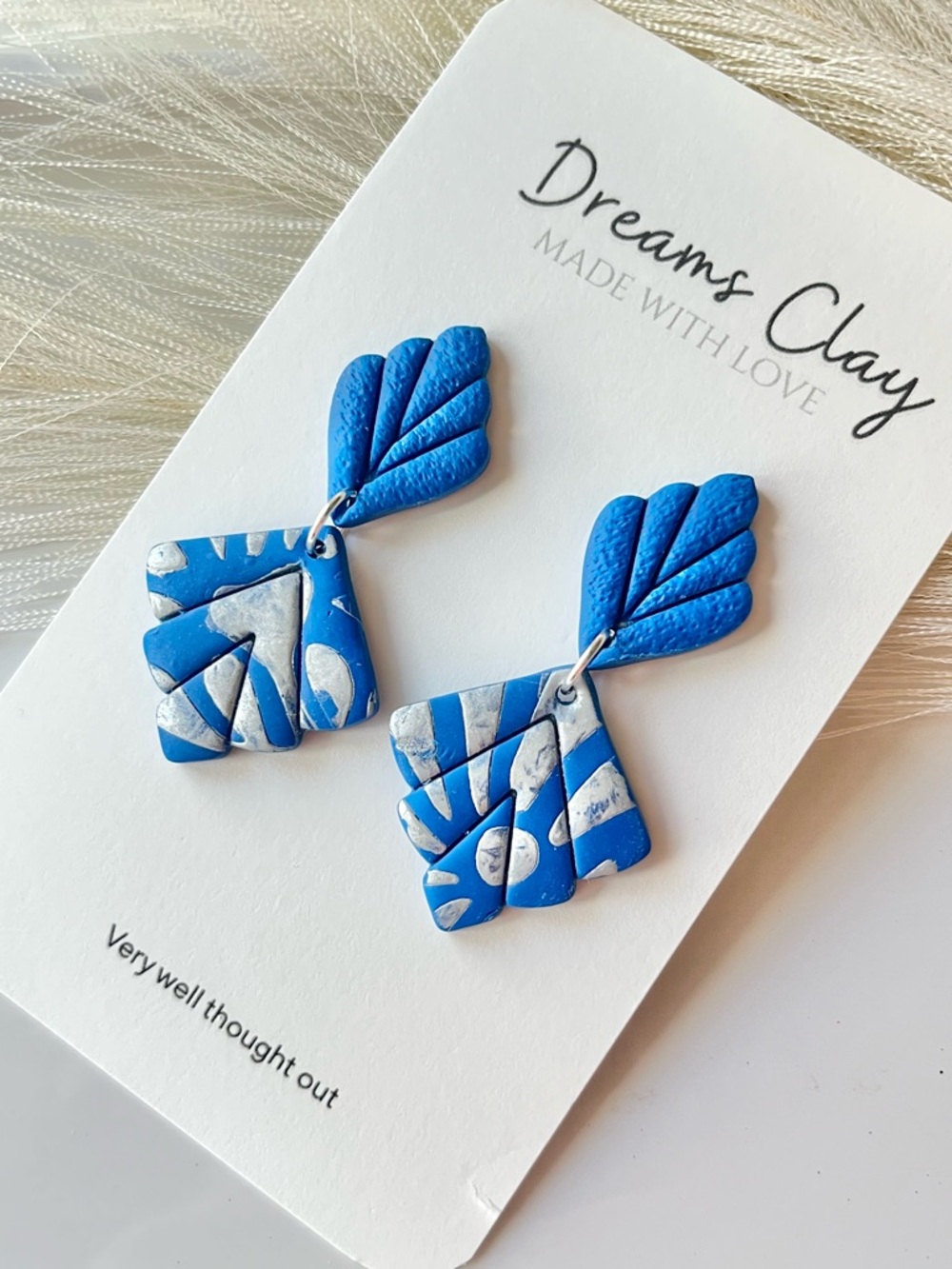 Blue Silver Abstract Clay Drop Earrings